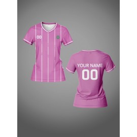 Customizable Women'S V-Neck Soccer Jersey - Personalized Name & Number, Breathable Quick-Dry Fabric for Team Training, Fitness & Casual Wear, Pink with Striped Detai