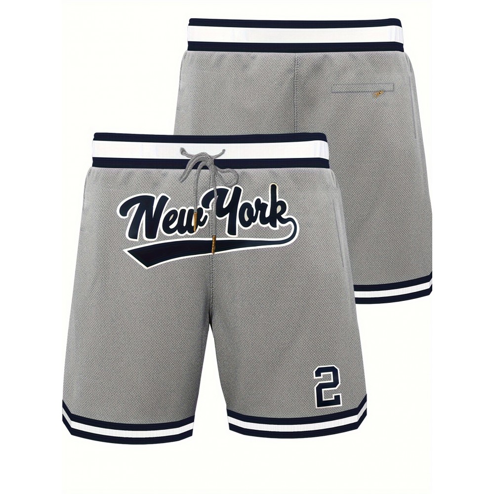 2 Embroidery Breathable Men's Letter & Number Basketball Shorts, Athletic Drawstring Shorts For Training & Competition