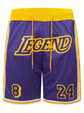 Breathable Purple Basketball Shorts - Men's #8-24 Classic Letter Embroidery Design Button Short Sleeve Shirt for Training and Competition